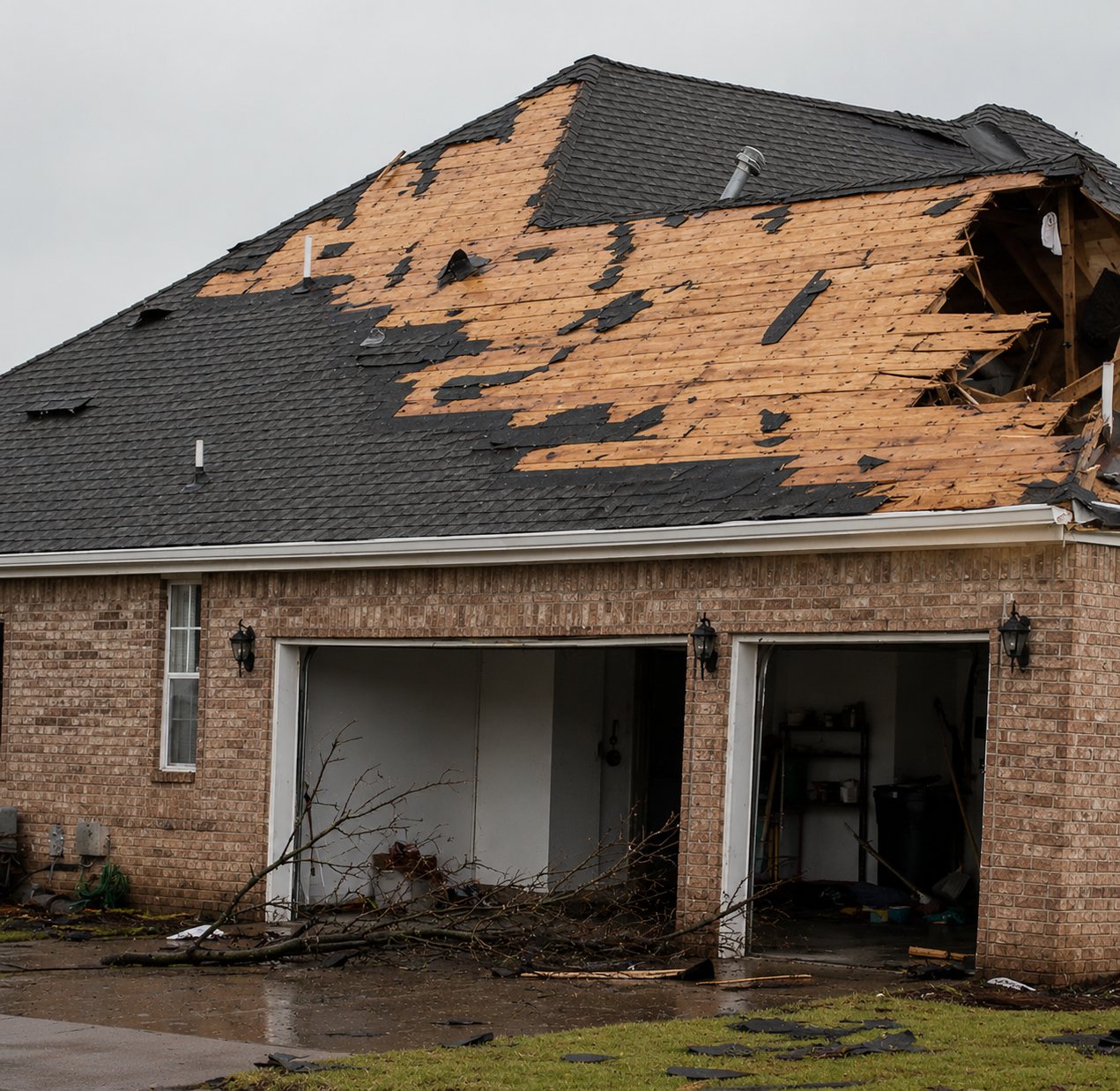 Tornado-stripped roof with decking exposed