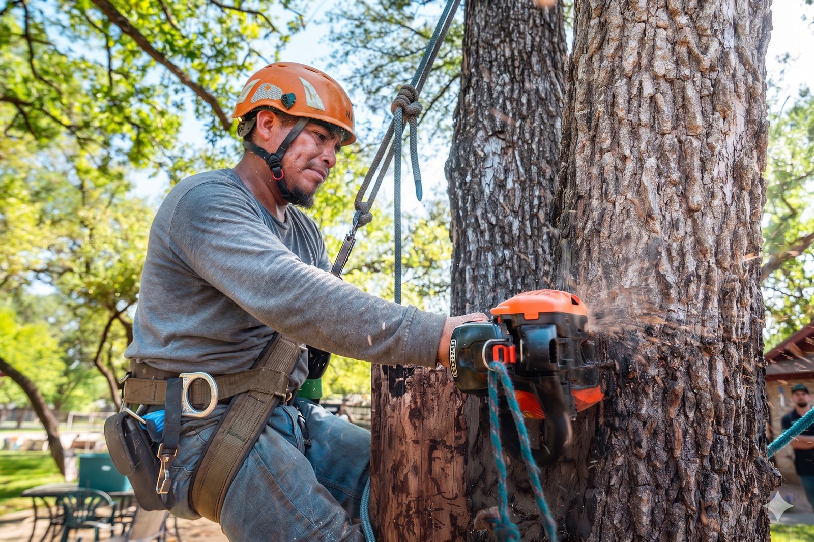 Arborist in a harness cutting a tree trunk with a chainsaw